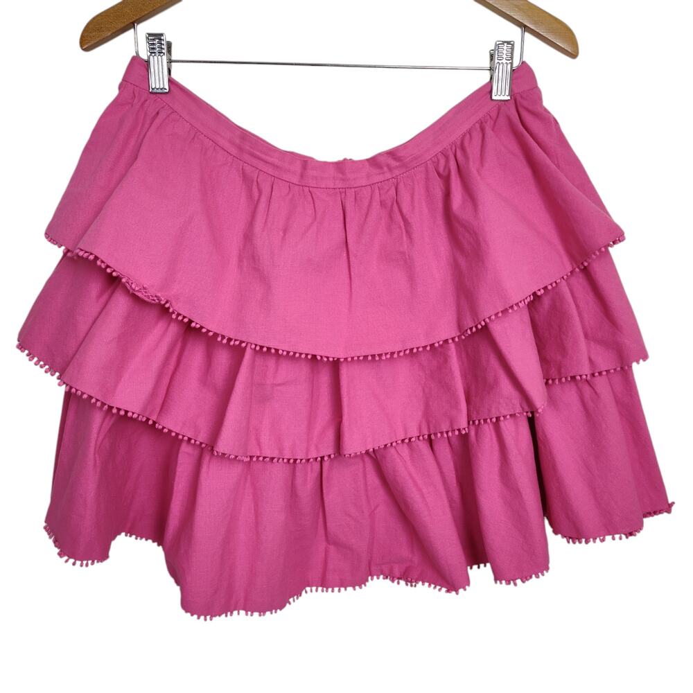 Showpo Women's Tiered Ruffle Skirt Sz 12 Layered Casual Mini Pink Cotton Stretch - Picture 3 of 15
